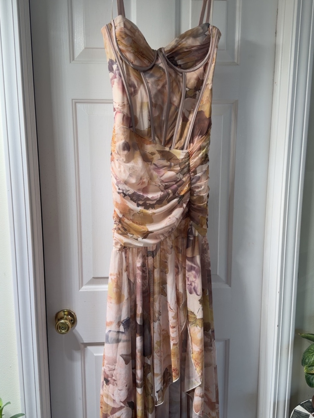 AKIRA Floral Chiffon Maxi Dress in Blush, Taupe, and Gold